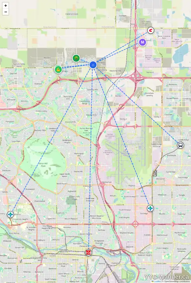 Daily accessibility map for 52 CALHOUN CM NE, Calgary showing nearby schools, grocery stores, parks, LRT stations and nearby amenities