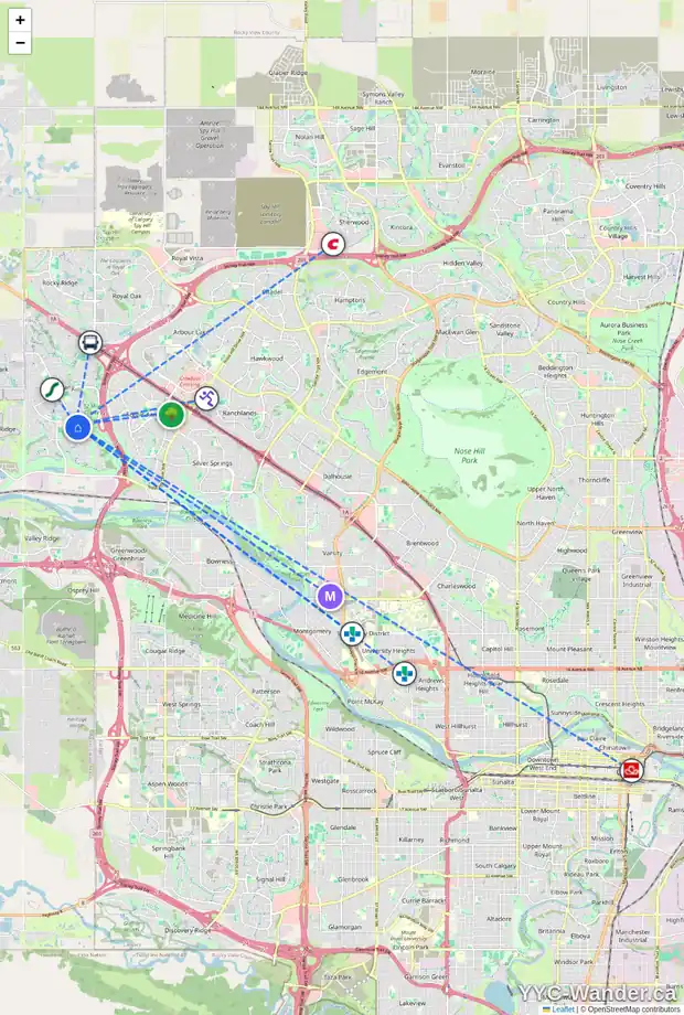 Daily accessibility map for 221 TUSCANY MEADOWS HT NW, Calgary showing nearby schools, grocery stores, parks, LRT stations and nearby amenities