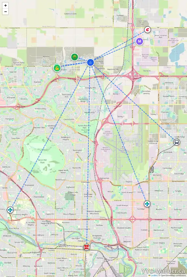 Daily accessibility map for 592 LIVINGSTON WY NE, Calgary showing nearby schools, grocery stores, parks, LRT stations and nearby amenities