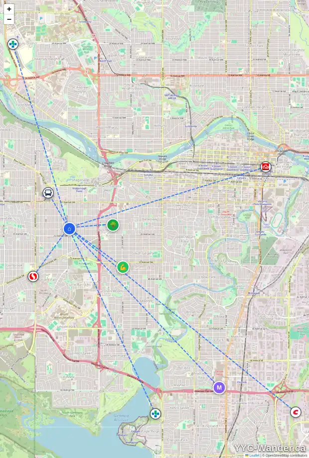 Daily accessibility map for 1 2438 29 ST SW, Calgary showing nearby schools, grocery stores, parks, LRT stations and nearby amenities