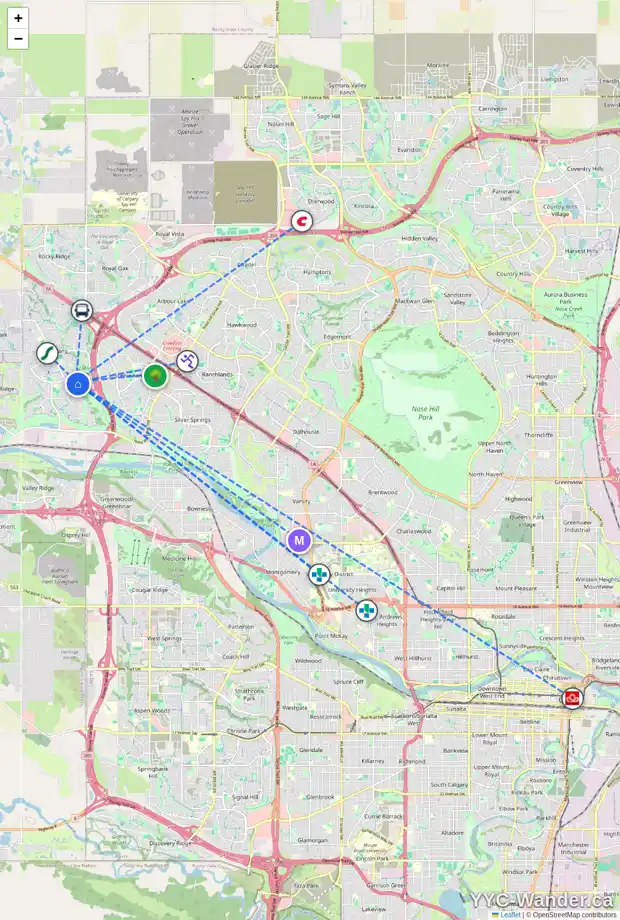 Daily accessibility map for 119 TUSCANY MEADOWS HT NW, Calgary showing nearby schools, grocery stores, parks, LRT stations and nearby amenities