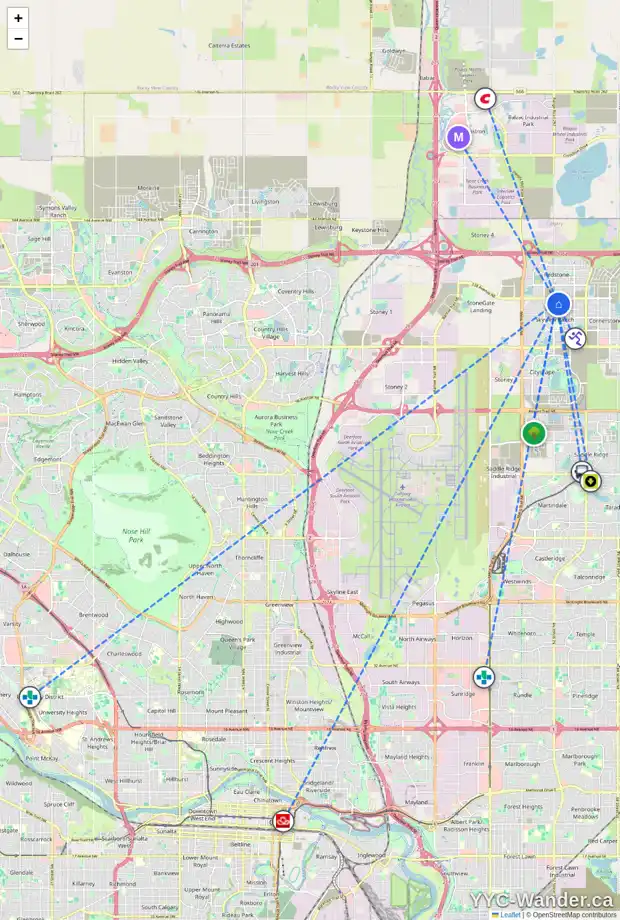 Daily accessibility map for 2618 4641 128 AV NE, Calgary showing nearby schools, grocery stores, parks, LRT stations and nearby amenities