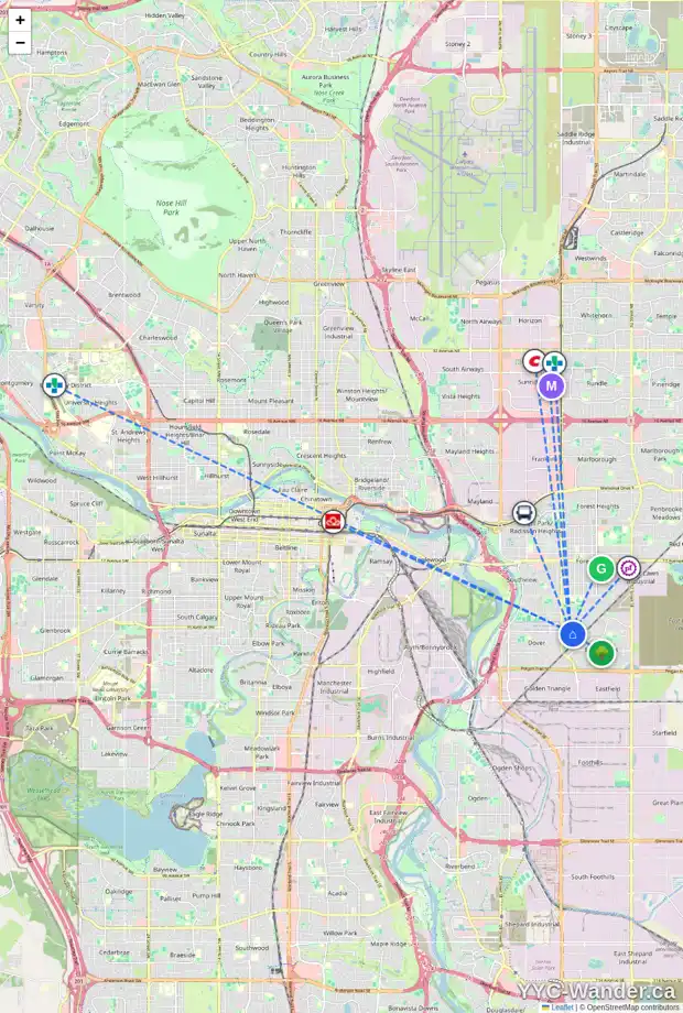 Daily accessibility map for 64 DOVER MEADOW CL SE, Calgary showing nearby schools, grocery stores, parks, LRT stations and nearby amenities