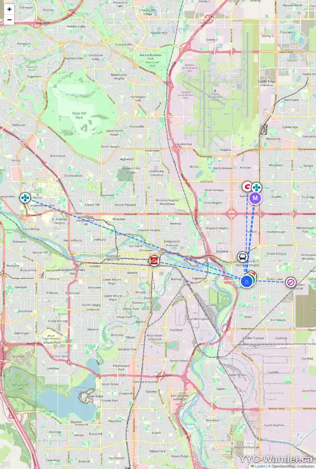 Daily accessibility map for 1909 ASH CR SE, Calgary showing nearby schools, grocery stores, parks, LRT stations and nearby amenities