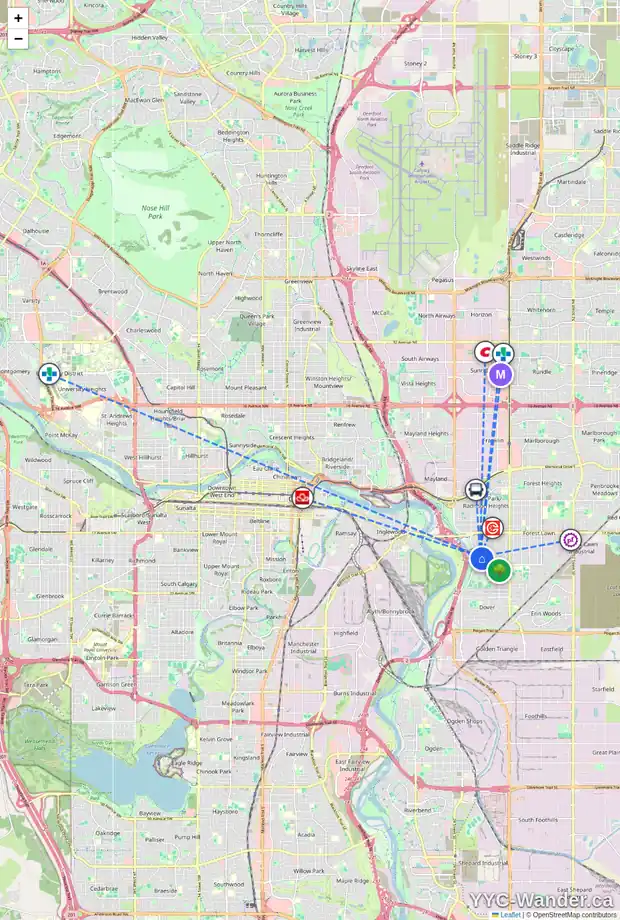 Daily accessibility map for 2418 27 ST SE, Calgary showing nearby schools, grocery stores, parks, LRT stations and nearby amenities