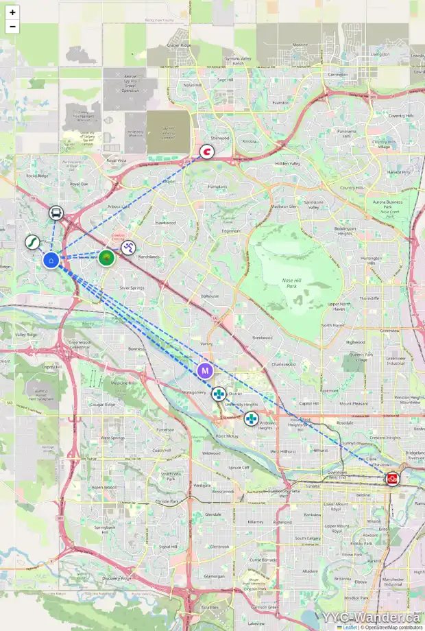 Daily accessibility map for 109 TUSCANY MEADOWS ME NW, Calgary showing nearby schools, grocery stores, parks, LRT stations and nearby amenities
