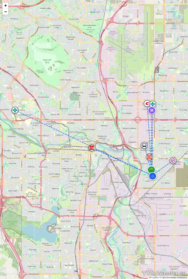 Daily accessibility map for 3414 32A AV SE, Calgary showing nearby schools, grocery stores, parks, LRT stations and nearby amenities