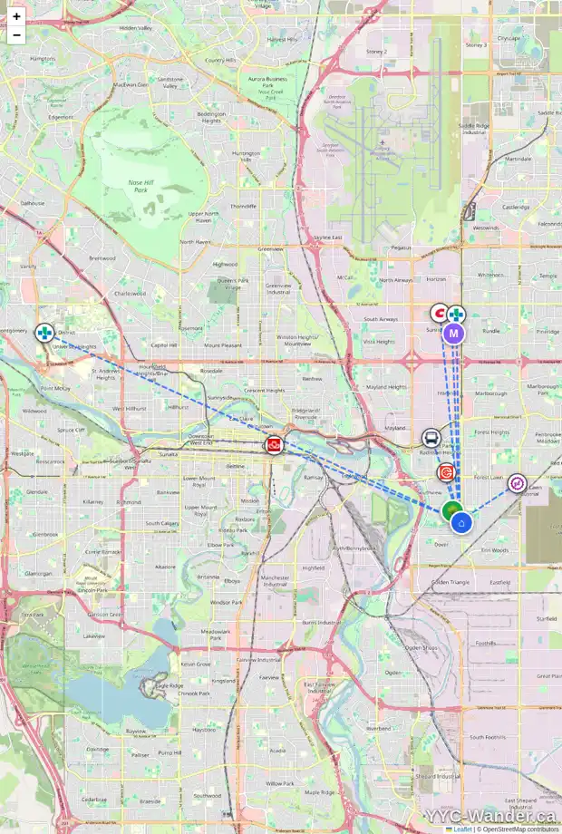 Daily accessibility map for 3456 30A AV SE, Calgary showing nearby schools, grocery stores, parks, LRT stations and nearby amenities