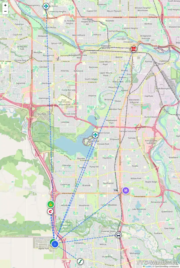 Daily accessibility map for 15101 37 ST SW, Calgary showing nearby schools, grocery stores, parks, LRT stations and nearby amenities
