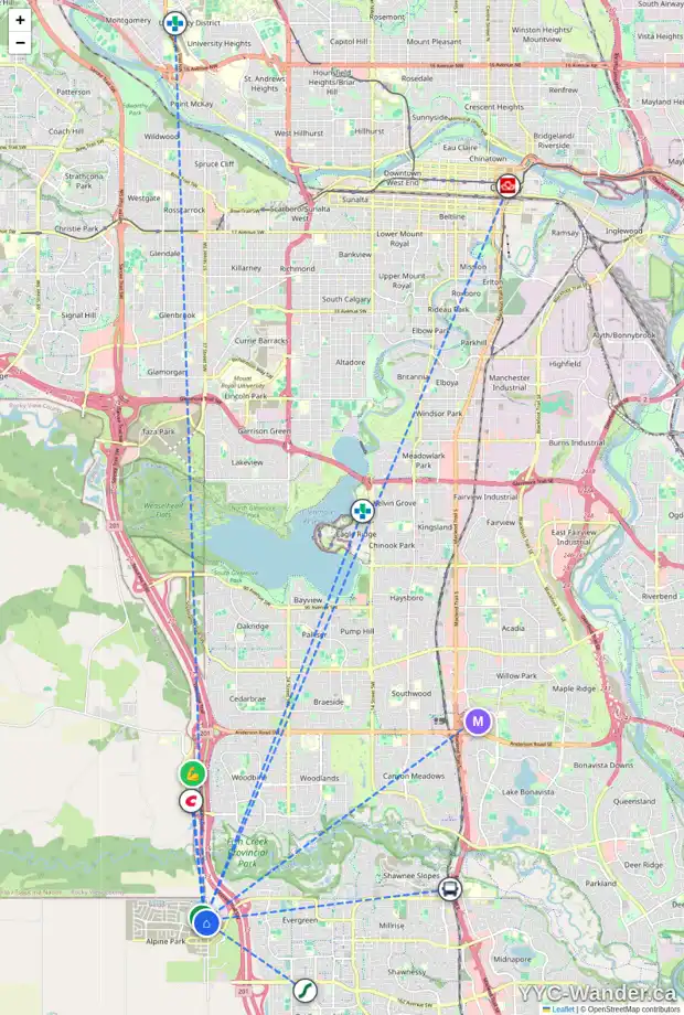 Daily accessibility map for 80 TREELINE MR SW, Calgary showing nearby schools, grocery stores, parks, LRT stations and nearby amenities