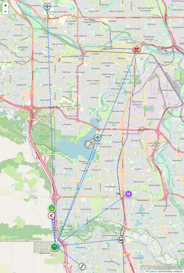 Daily accessibility map for 15029 37 ST SW, Calgary showing nearby schools, grocery stores, parks, LRT stations and nearby amenities