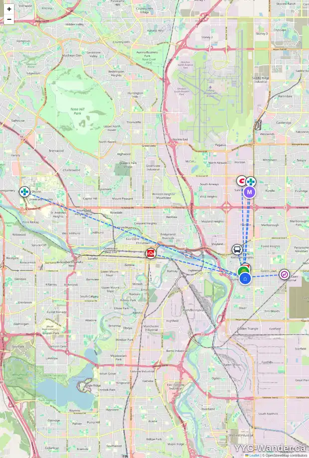 Daily accessibility map for 2015 COTTONWOOD CR SE, Calgary showing nearby schools, grocery stores, parks, LRT stations and nearby amenities
