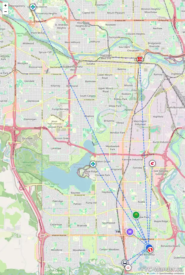 Daily accessibility map for 12216 LAKE LOUISE WY SE, Calgary showing nearby schools, grocery stores, parks, LRT stations and nearby amenities