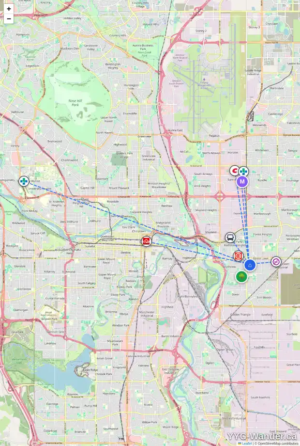 Daily accessibility map for 2032 37 ST SE, Calgary showing nearby schools, grocery stores, parks, LRT stations and nearby amenities