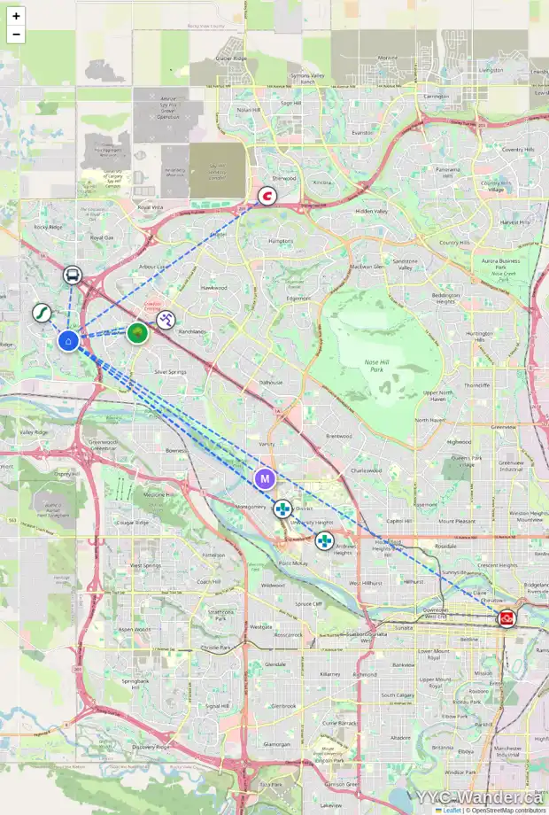 Daily accessibility map for 240 TUSCANY MEADOWS ME NW, Calgary showing nearby schools, grocery stores, parks, LRT stations and nearby amenities