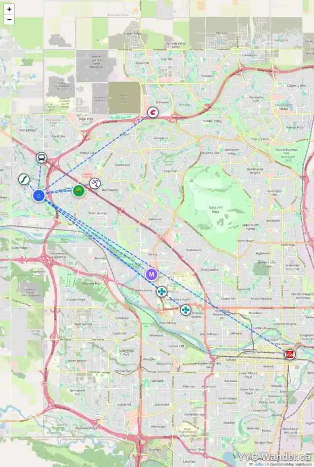 Daily accessibility map for 248 TUSCANY MEADOWS ME NW, Calgary showing nearby schools, grocery stores, parks, LRT stations and nearby amenities