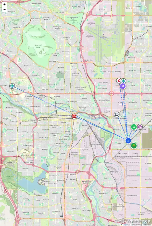 Daily accessibility map for 215 DOVERCLIFFE WY SE, Calgary showing nearby schools, grocery stores, parks, LRT stations and nearby amenities