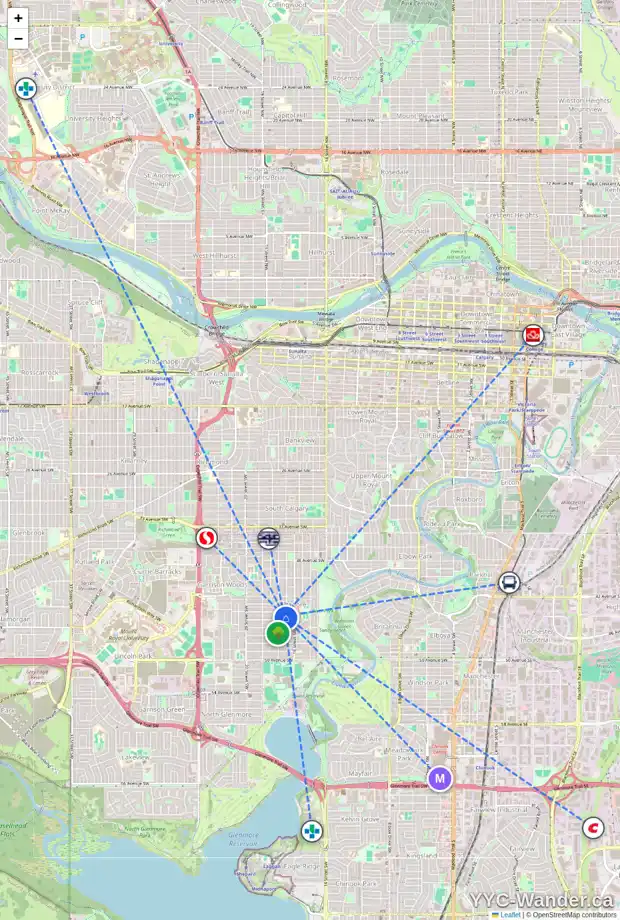 Daily accessibility map for 4513 16A ST SW, Calgary showing nearby schools, grocery stores, parks, LRT stations and nearby amenities