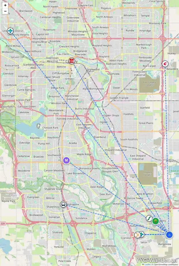 Daily accessibility map for 23 SAVOY TC SE, Calgary showing nearby schools, grocery stores, parks, LRT stations and nearby amenities