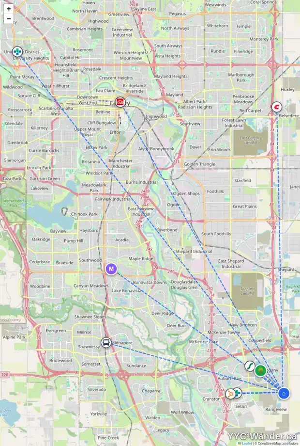 Daily accessibility map for 15 SAVOY TC SE, Calgary showing nearby schools, grocery stores, parks, LRT stations and nearby amenities