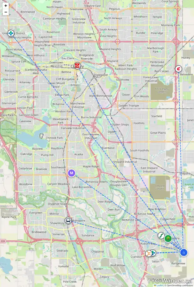 Daily accessibility map for 1964 RANGEVIEW DR SE, Calgary showing nearby schools, grocery stores, parks, LRT stations and nearby amenities