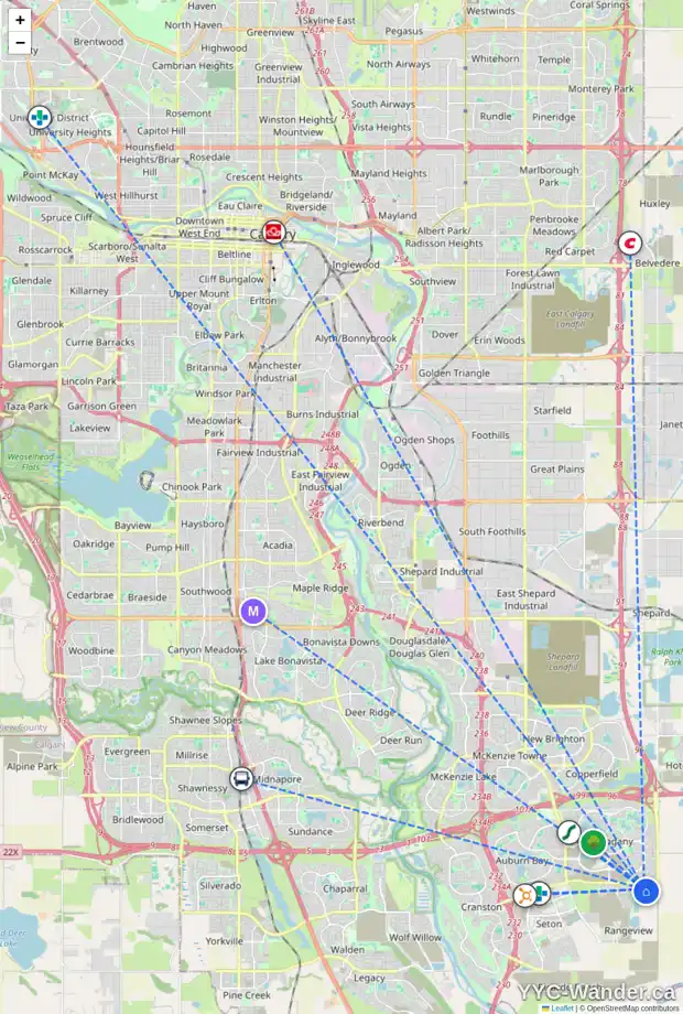 Daily accessibility map for 1936 RANGEVIEW DR SE, Calgary showing nearby schools, grocery stores, parks, LRT stations and nearby amenities