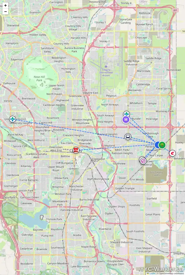 Daily accessibility map for 56 PENSWOOD PL SE, Calgary showing nearby schools, grocery stores, parks, LRT stations and nearby amenities
