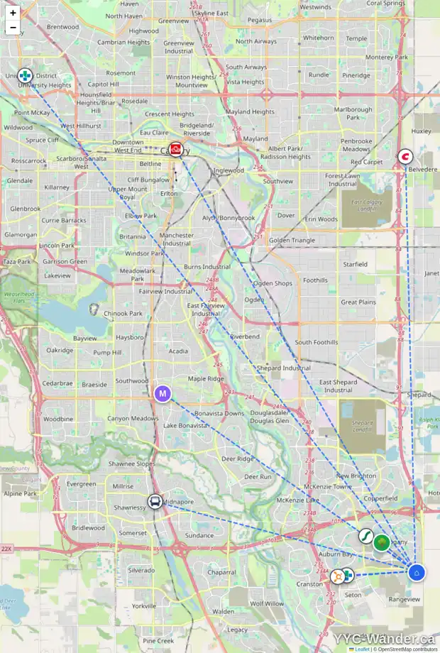 Daily accessibility map for 54 LAVENDER RD SE, Calgary showing nearby schools, grocery stores, parks, LRT stations and nearby amenities