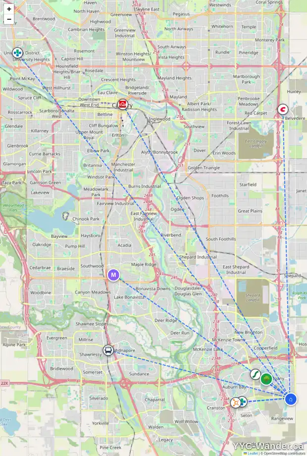 Daily accessibility map for 38 LAVENDER RD SE, Calgary showing nearby schools, grocery stores, parks, LRT stations and nearby amenities