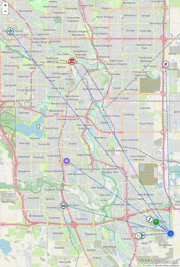 Daily accessibility map for 10 LAVENDER DR SE, Calgary showing nearby schools, grocery stores, parks, LRT stations and nearby amenities