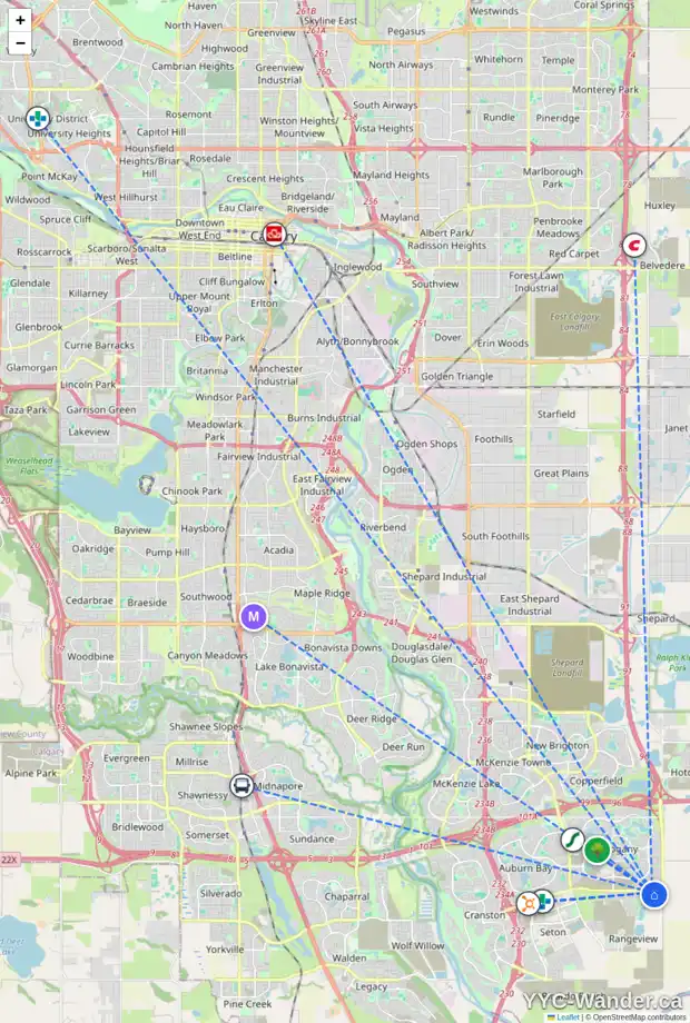 Daily accessibility map for 34 LAVENDER DR SE, Calgary showing nearby schools, grocery stores, parks, LRT stations and nearby amenities