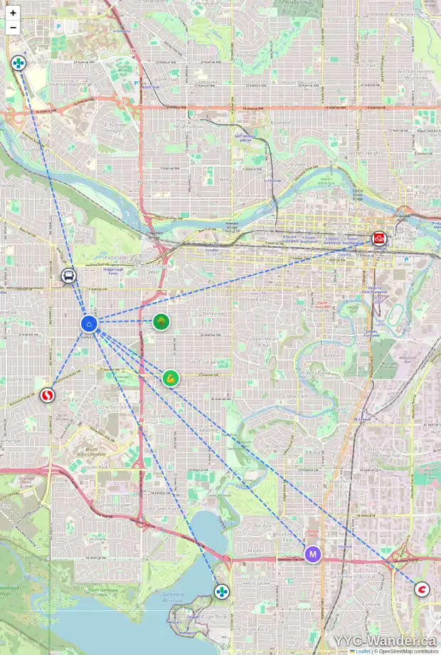 Daily accessibility map for 2419 30 ST SW, Calgary showing nearby schools, grocery stores, parks, LRT stations and nearby amenities