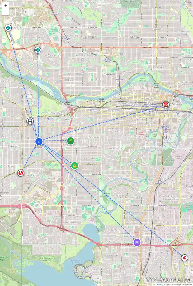 Daily accessibility map for 2417 30 ST SW, Calgary showing nearby schools, grocery stores, parks, LRT stations and nearby amenities