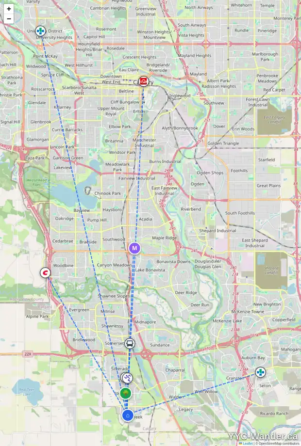 Daily accessibility map for 1050 CREEKSIDE BV SW, Calgary showing nearby schools, grocery stores, parks, LRT stations and nearby amenities