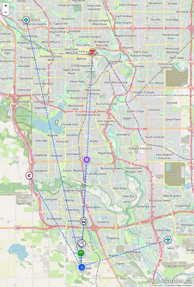 Daily accessibility map for 1082 CREEKSIDE BV SW, Calgary showing nearby schools, grocery stores, parks, LRT stations and nearby amenities