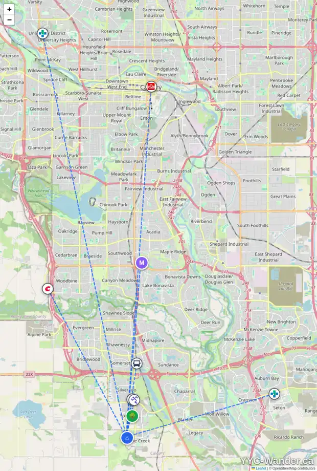 Daily accessibility map for 245 CREEKSIDE DR SW, Calgary showing nearby schools, grocery stores, parks, LRT stations and nearby amenities