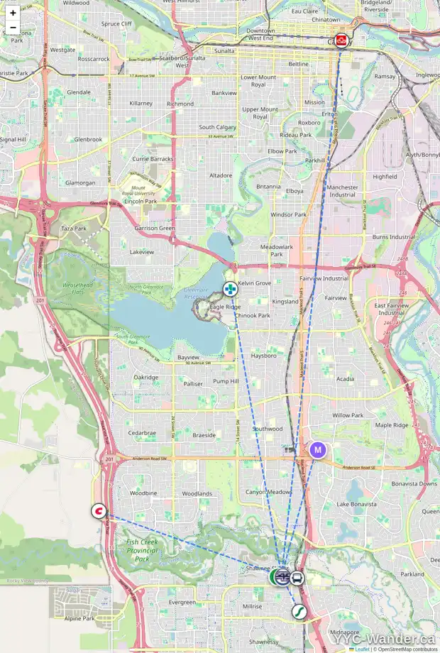 Daily accessibility map for 213 71 SHAWNEE CM SW, Calgary showing nearby schools, grocery stores, parks, LRT stations and nearby amenities