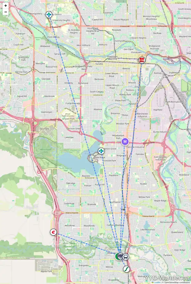 Daily accessibility map for 414 71 SHAWNEE CM SW, Calgary showing nearby schools, grocery stores, parks, LRT stations and nearby amenities