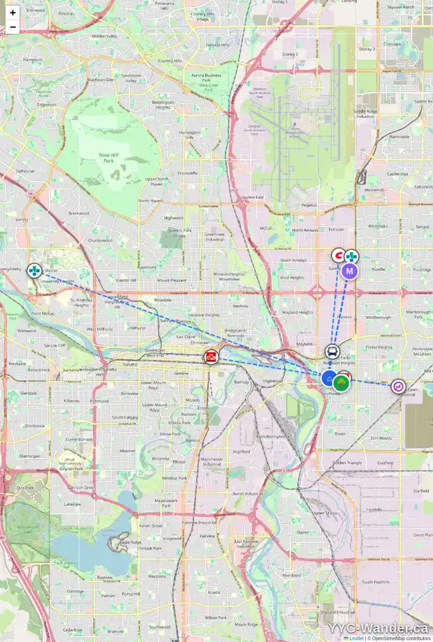 Daily accessibility map for 2731 15 AV SE, Calgary showing nearby schools, grocery stores, parks, LRT stations and nearby amenities