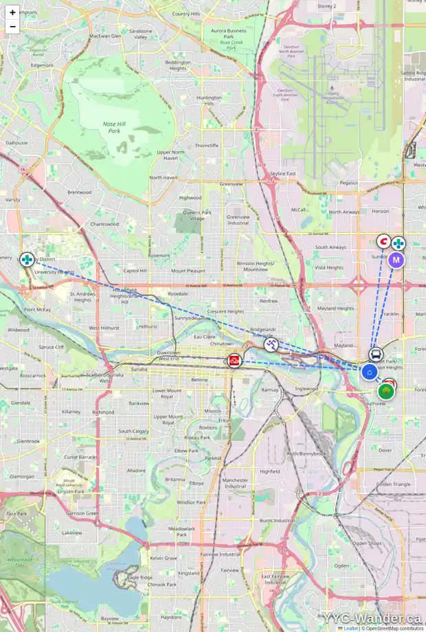 Daily accessibility map for 2710 11 AV SE, Calgary showing nearby schools, grocery stores, parks, LRT stations and nearby amenities