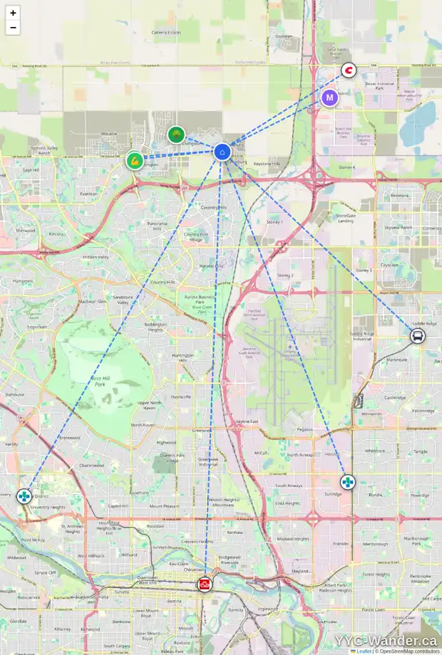 Daily accessibility map for 265 CALHOUN CM NE, Calgary showing nearby schools, grocery stores, parks, LRT stations and nearby amenities