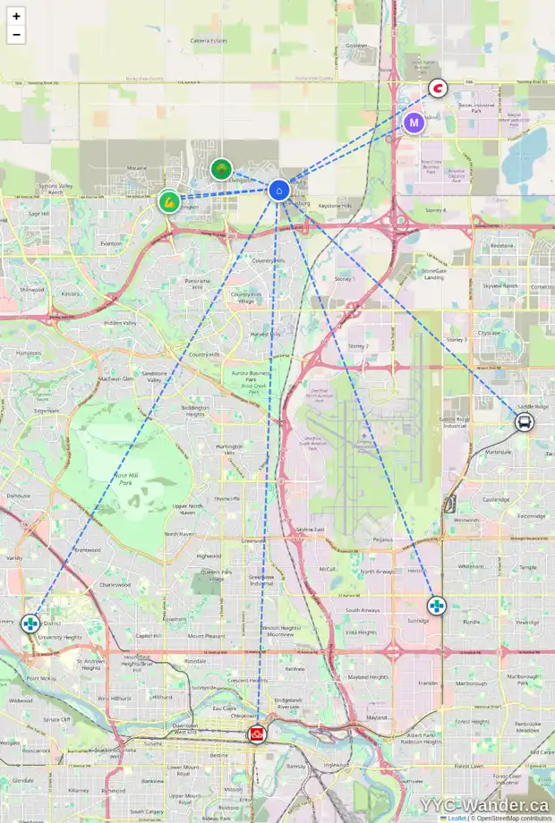 Daily accessibility map for 261 CALHOUN CM NE, Calgary showing nearby schools, grocery stores, parks, LRT stations and nearby amenities