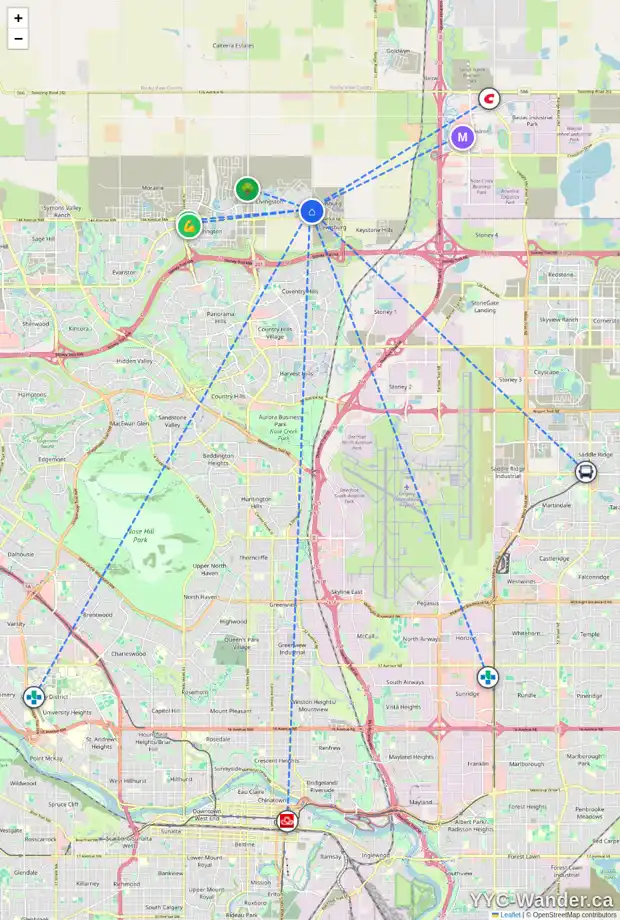Daily accessibility map for 245 CALHOUN CM NE, Calgary showing nearby schools, grocery stores, parks, LRT stations and nearby amenities