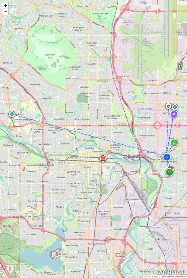 Daily accessibility map for 120 RADCLIFFE PL SE, Calgary showing nearby schools, grocery stores, parks, LRT stations and nearby amenities
