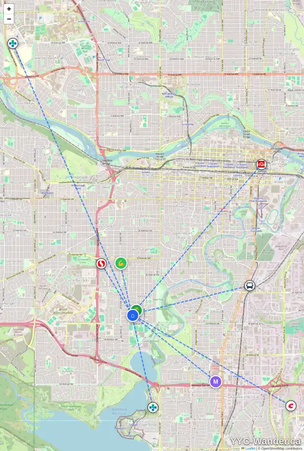 Daily accessibility map for 1930 48 AV SW, Calgary showing nearby schools, grocery stores, parks, LRT stations and nearby amenities