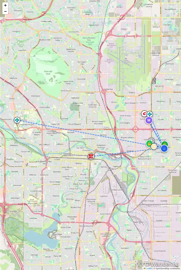 Daily accessibility map for 4711 MEMORIAL DR SE, Calgary showing nearby schools, grocery stores, parks, LRT stations and nearby amenities