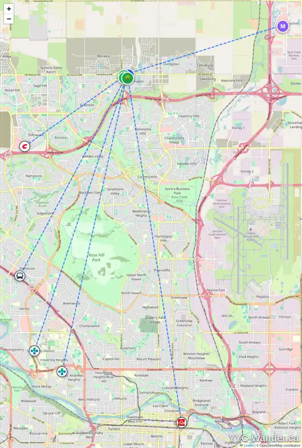 Daily accessibility map for 235 CARRINGTON PZ NW, Calgary showing nearby schools, grocery stores, parks, LRT stations and nearby amenities