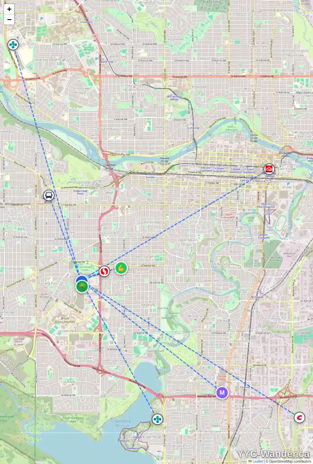 Daily accessibility map for 222 CALAIS DR SW, Calgary showing nearby schools, grocery stores, parks, LRT stations and nearby amenities