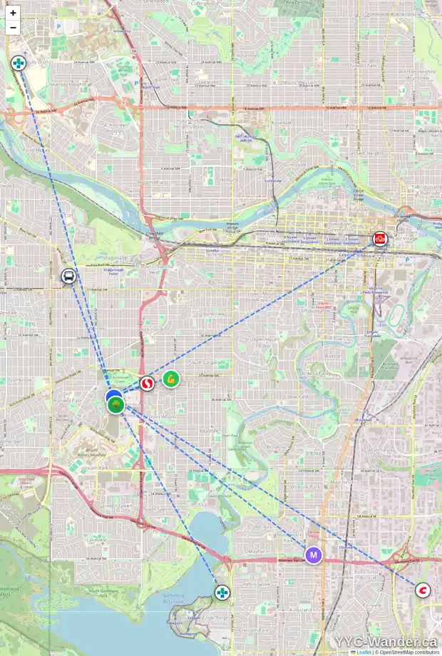 Daily accessibility map for 234 CALAIS DR SW, Calgary showing nearby schools, grocery stores, parks, LRT stations and nearby amenities