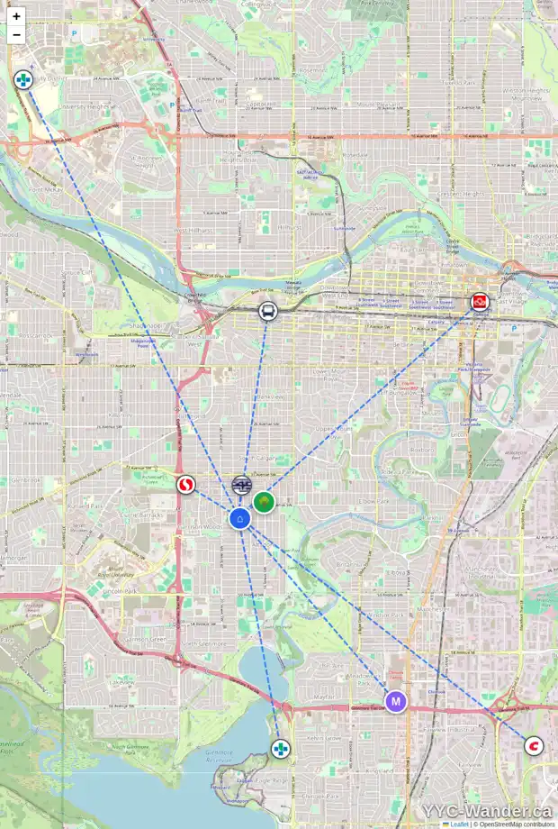 Daily accessibility map for 4012 19 ST SW, Calgary showing nearby schools, grocery stores, parks, LRT stations and nearby amenities